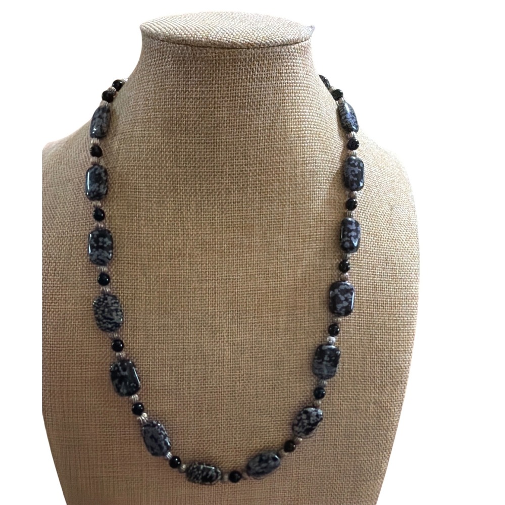 Snowflake Obsidian Beaded Necklace Rectangle Stone Toggle Clasp Black Grey